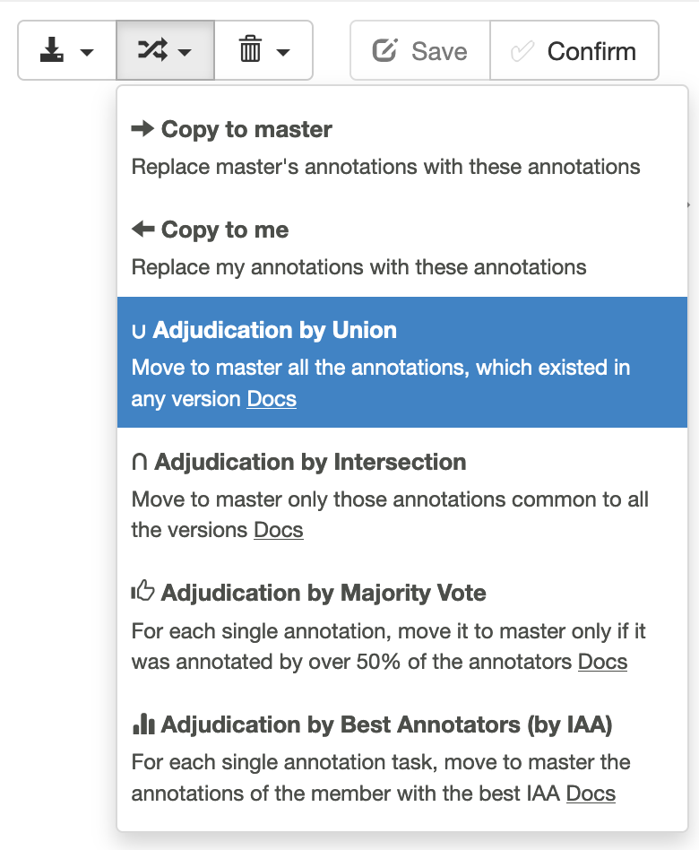 Screenshot: tagtog adjudication / merging button actions