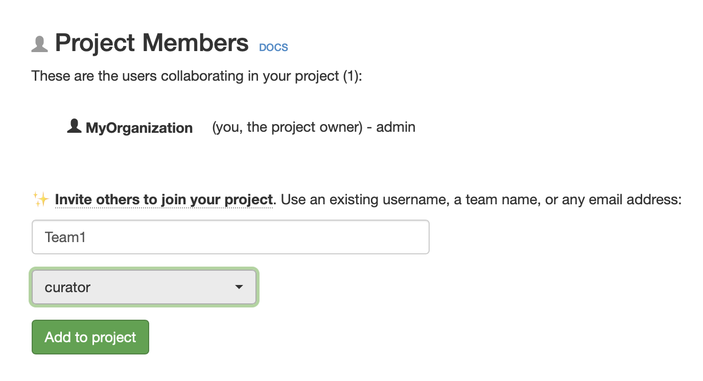 Screenshot: adding a team to your project