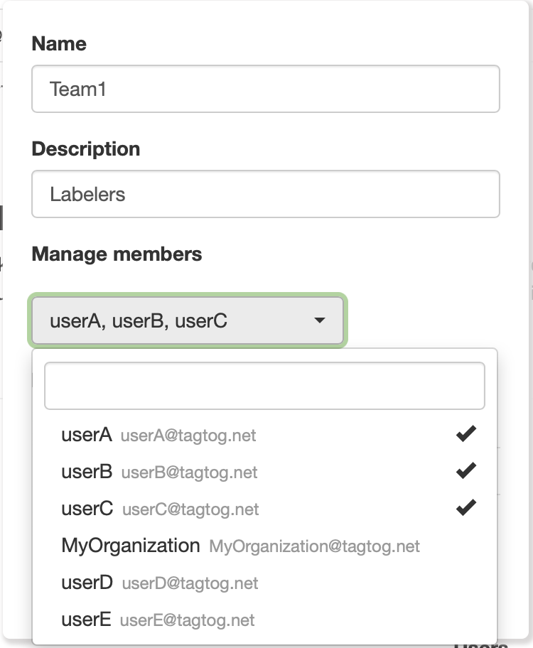 Screenshot: popup to create or update a team
