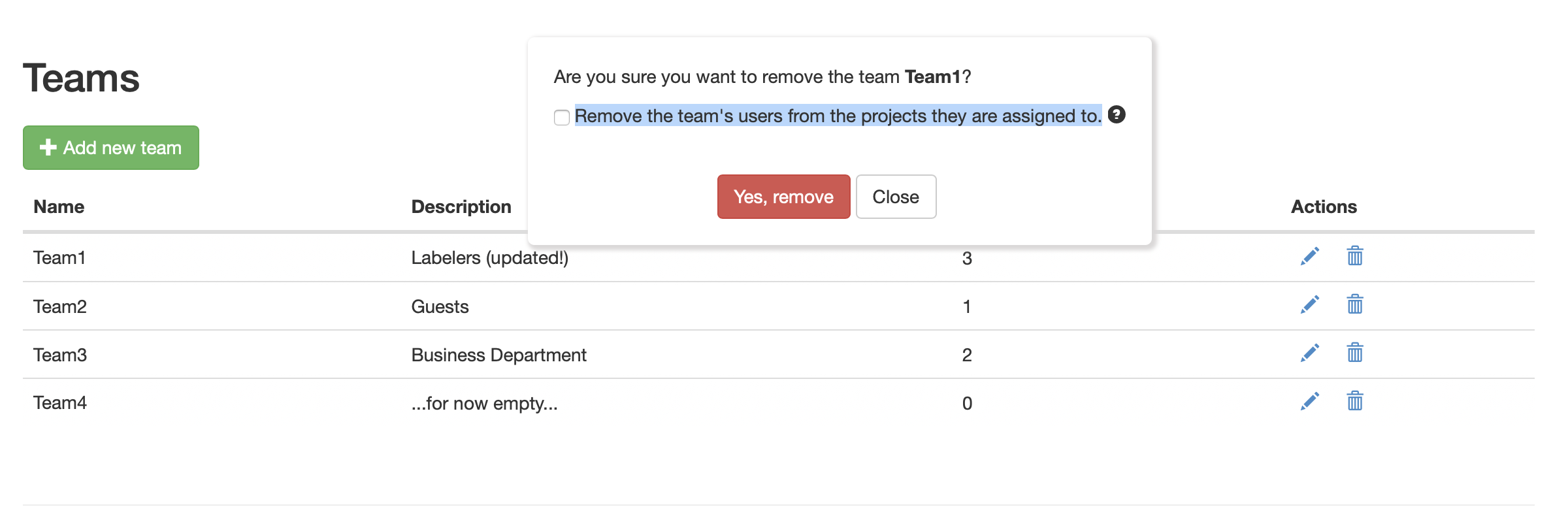 Screenshot: dialog to confirm deleting a team