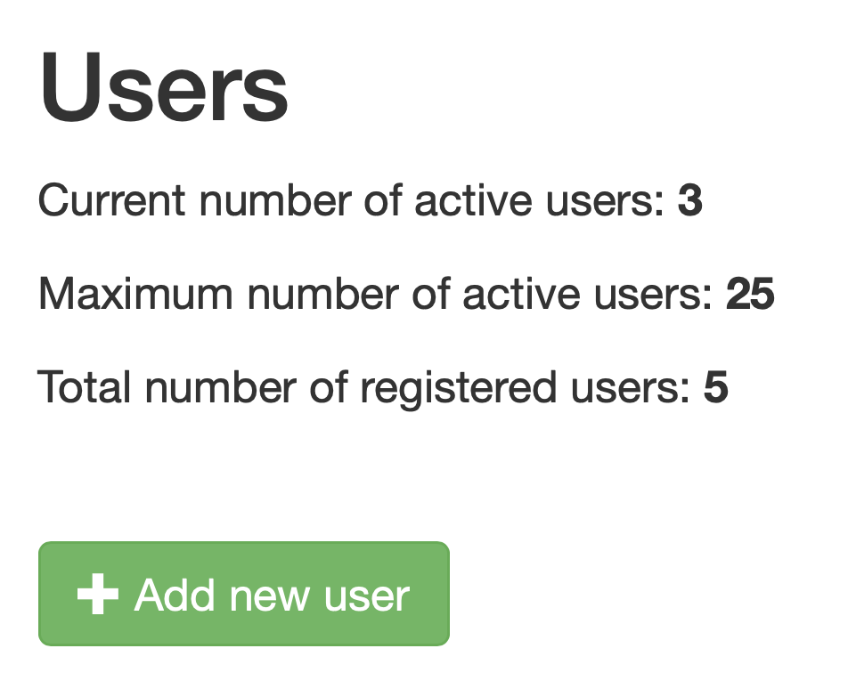 Screenshot: panel informing about users in the system & limit of active users